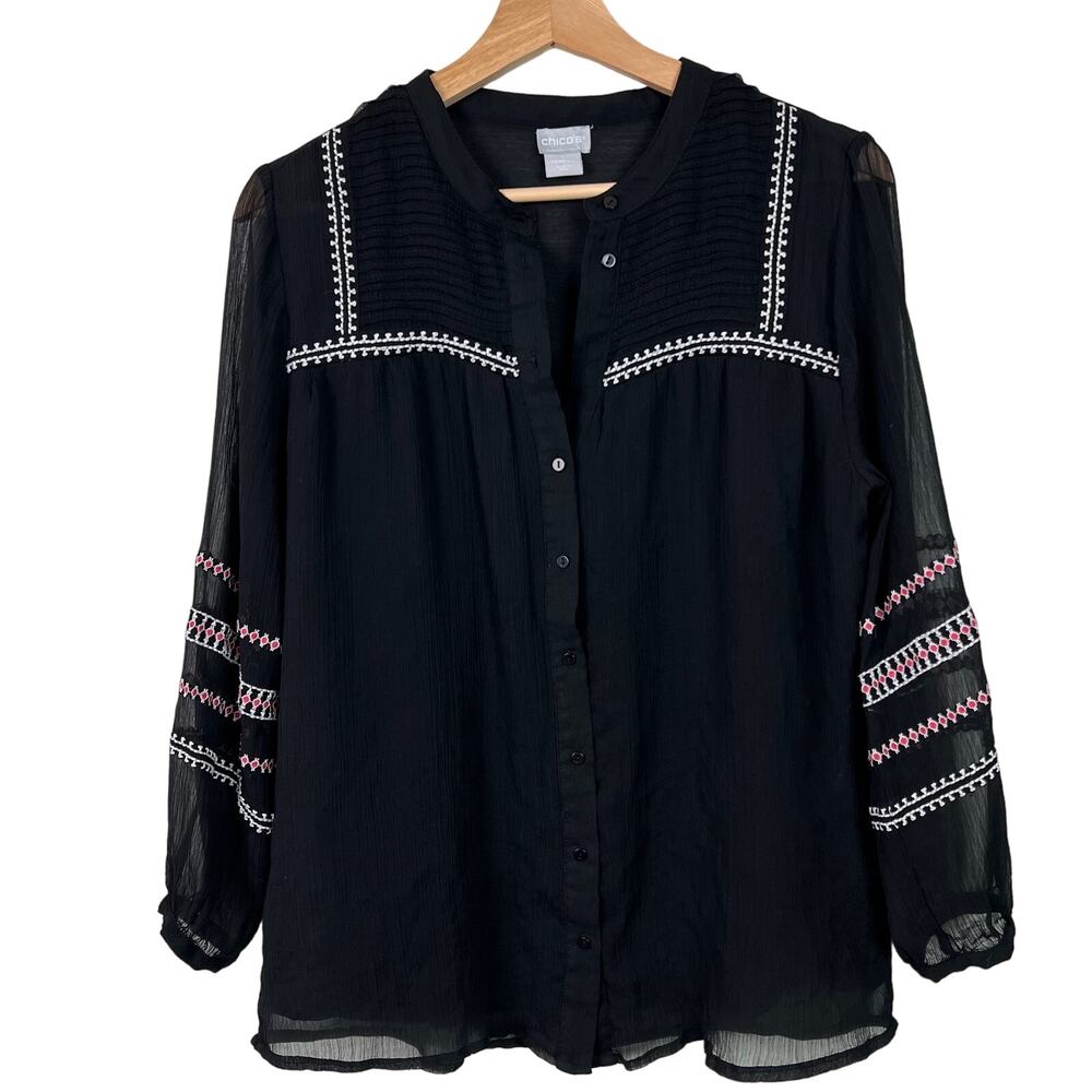Chico's Embroidered Chiffon Sheer Button Front‎ Long Sleeve Shirt Sz 1 (US 8/10)